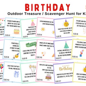 Caça ao tesouro de aniversário ao ar livre para crianças, caça ao tesouro interno 17 pistas, atividade divertida de aniversário para pré-adolescentes, atividade infantil pré-adolescentes