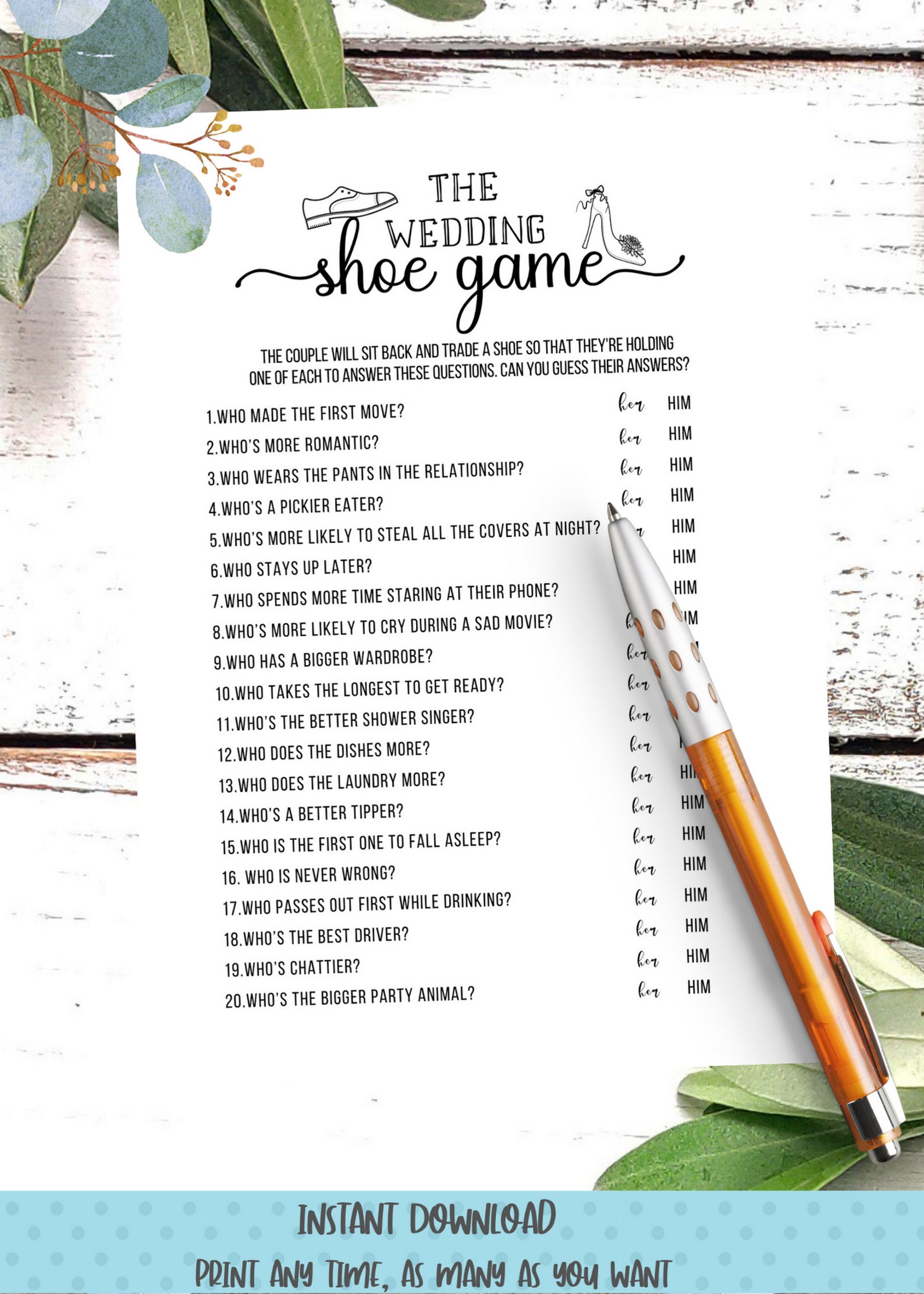 The Wedding Shoe Game Bridal Shower Game Printable Bride & Etsy