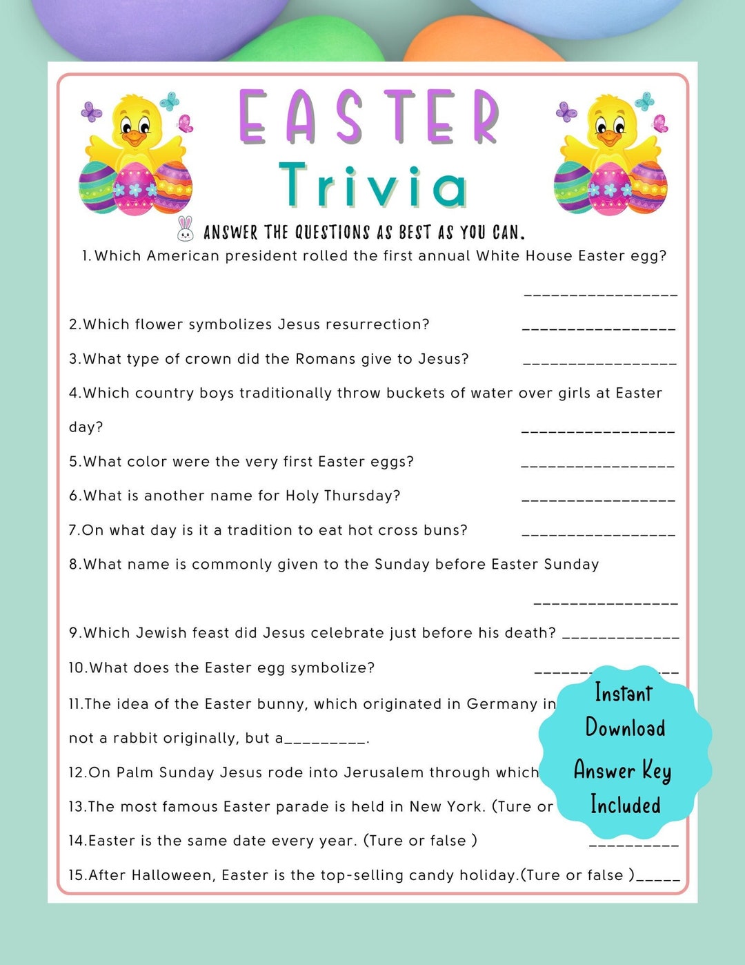 Easter Trivia Game  Easter Printable Game for Kids & Adults