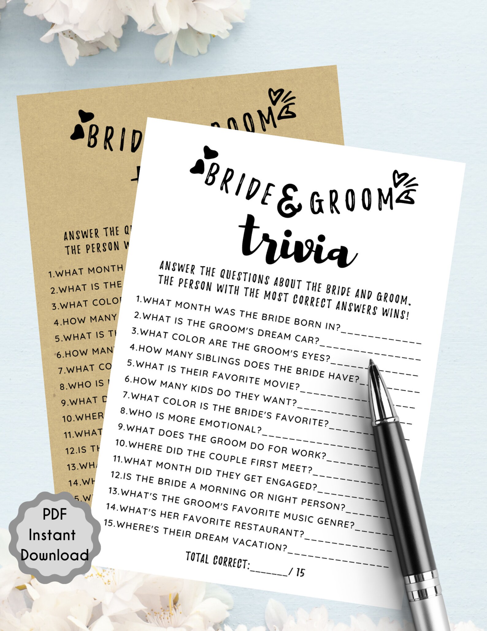 Bride and Groom Trivia Bridal Shower Game Printable Instant | Etsy