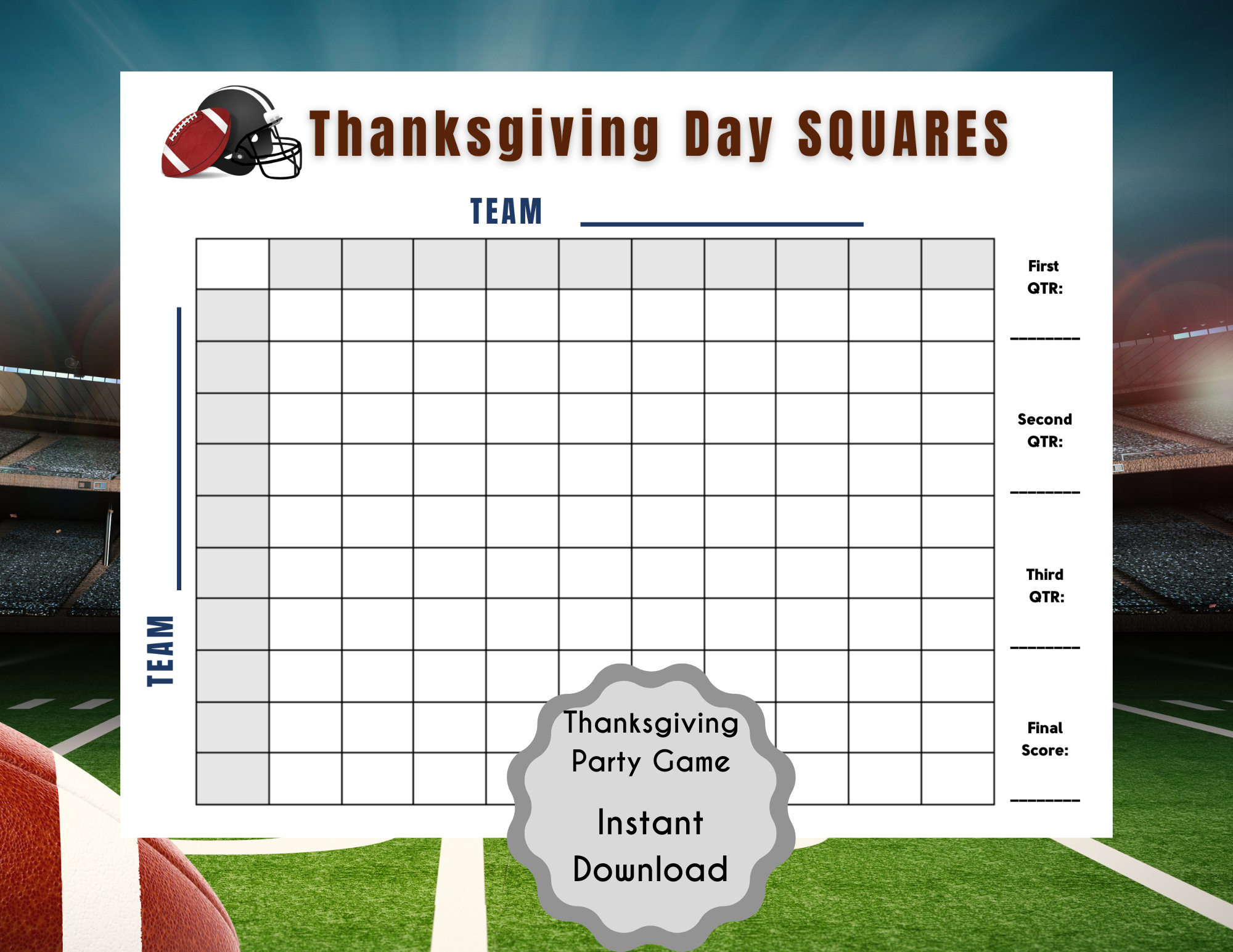 Thanksgiving Football Squares Game Free Google Docs Template