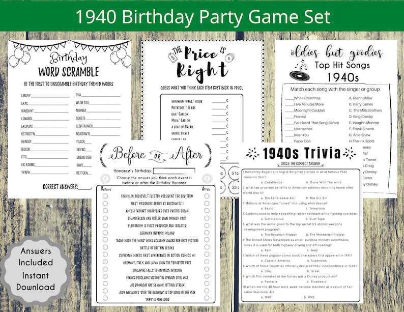 1940 84th Birthday Games Bundle Printable 1940 Game 84th Party ...