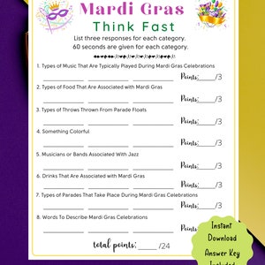 5 in 1 Mardi Gras Game Bundle Mardi Gras Printable Game for Kids & Adults Fun Mardi Gras Game Mardi Gras Trivia Game, Fat Tuesday image 4