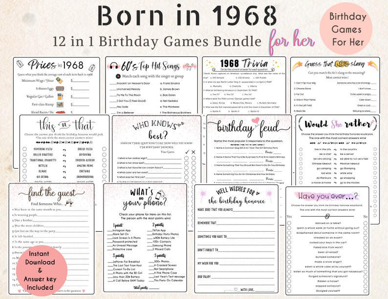 56th Birthday Games Bundle Printable 1968 Game 56th Party Activities ...