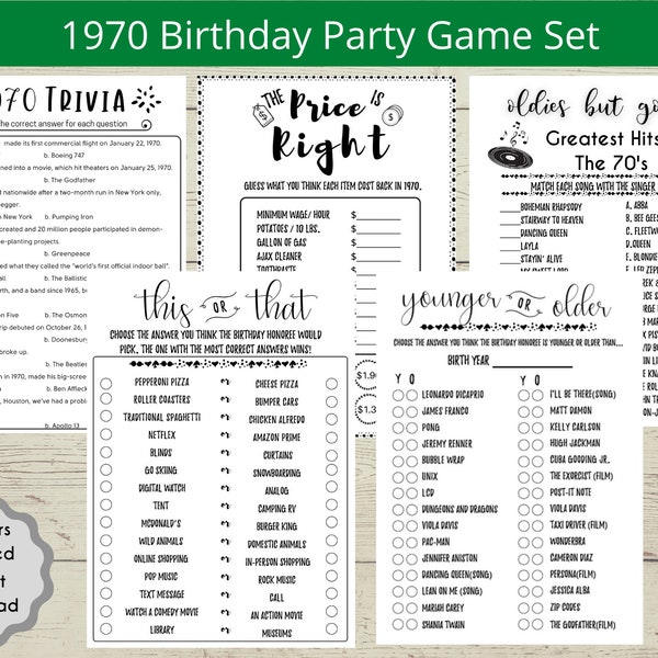 1970 54th Birthday Games Bundle Printable 1970 Game 54th Party Activities Men Women Him Her Born in 1970 Party Games  1970s Song Trivia Quiz