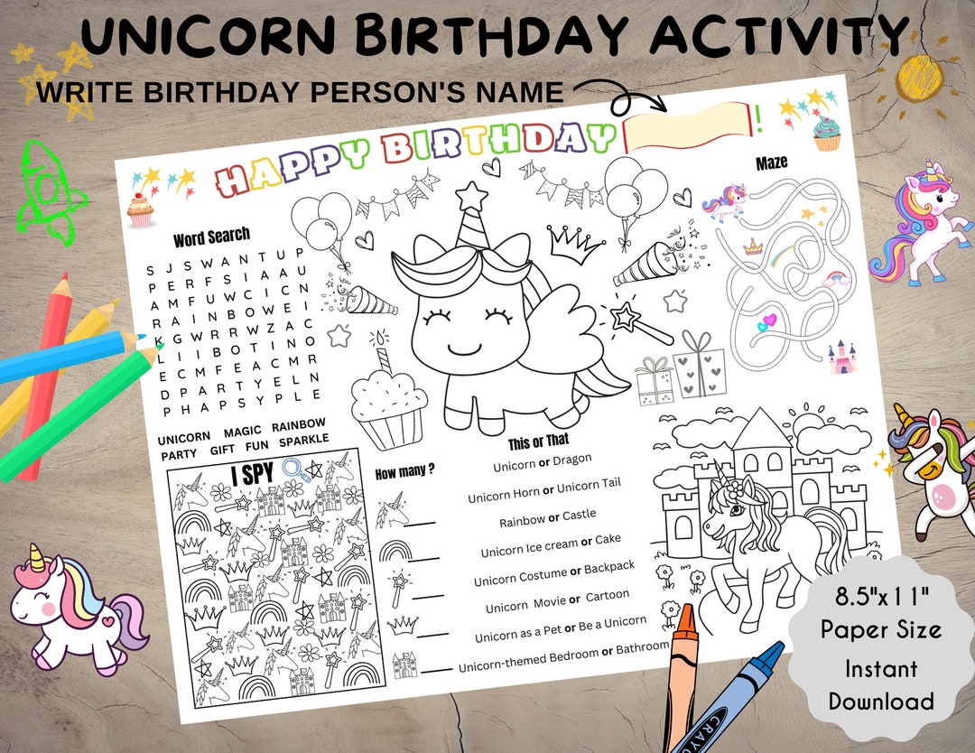Unicorn Birthday Activity, Printable Unicorn Coloring Placemat, Fun ...
