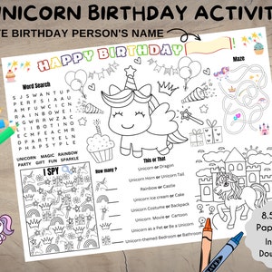 Unicorn Birthday Activity, Printable Unicorn Coloring Placemat, Fun ...