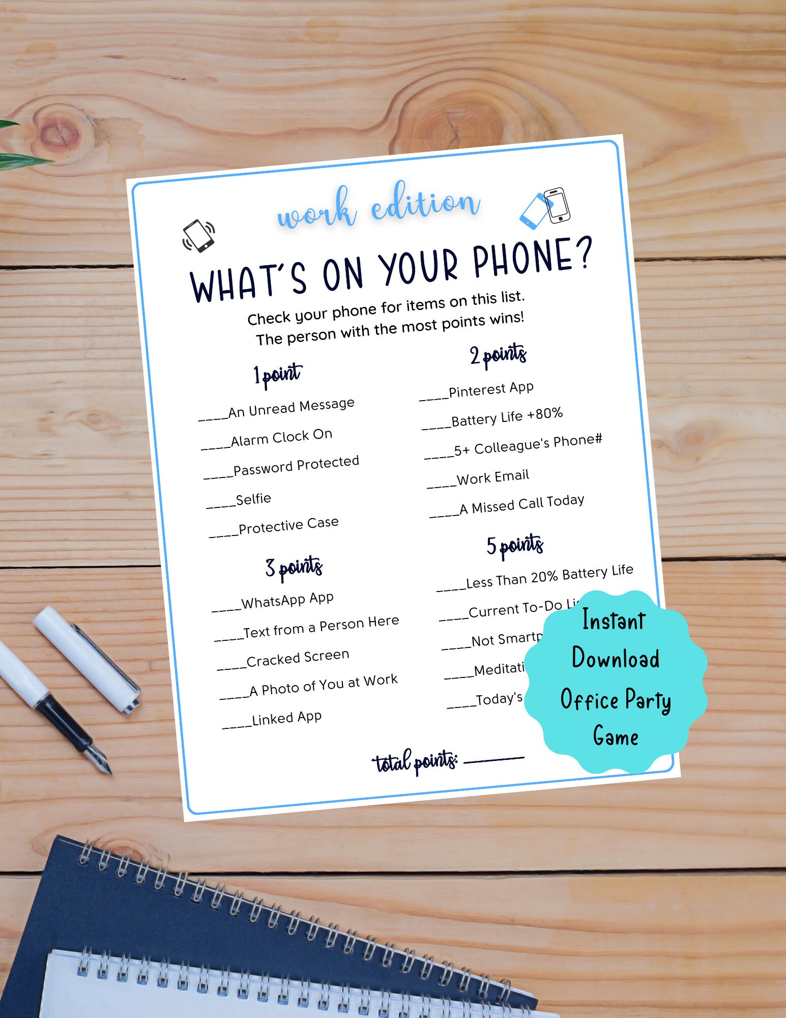 Office Party Printable Whats on Your Phone Game Coworker Staff Game Fun