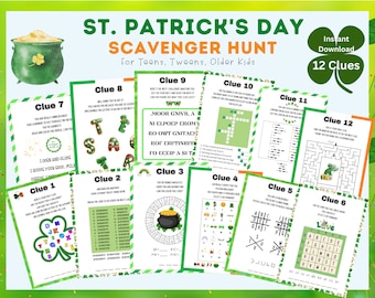St. Patrick's Day Scavenger Hunt Game| St. Patrick's Printable Game for Kids,Teens | Fun St. Patrick's Party | St. Paddy's, Treasure Hunt