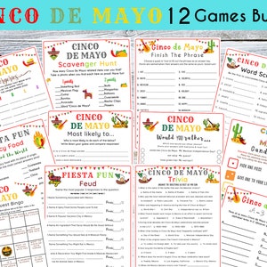 12 Cinco de Mayo Games Bundle l Fun Printable Games | Mexican Fiesta Trivia Games, Cinco de Mayo Activity for Kids & Adults, Classroom Games