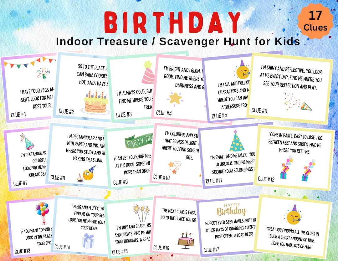 Indoor Birthday Scavenger Treasure Hunt for Kids, Indoor Scavenger Hunt ...