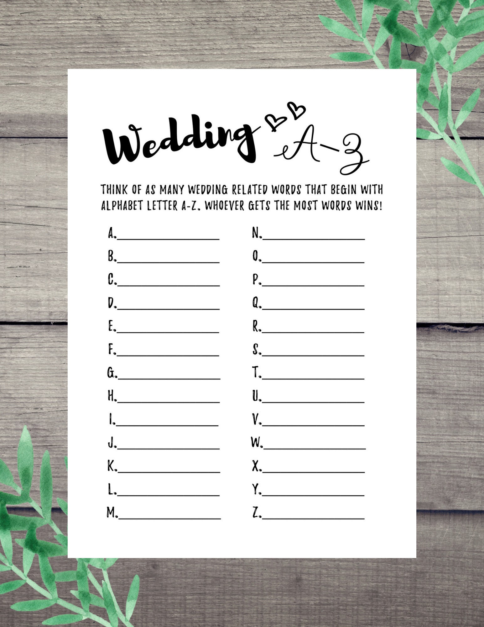 Wedding AZ Bridal Shower Game Printable Instant download Etsy