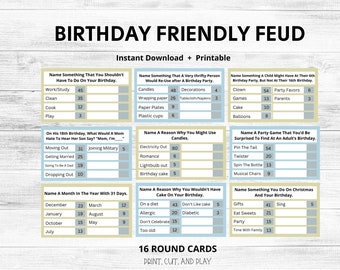 Birthday Friendly Feud  Game, Printable Adult Birthday Party Game,  20th, 30th, 40th, 50th, 60th Birthday Trivia, Family Feud Games,