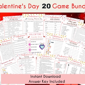 20 Valentines Day druckbare Spiele-Bundle, lustige Valentines-Party-Party-Spiele für Kinder, Jugendliche, Tweens oder Erwachsene, Galentine, Valentinstag,