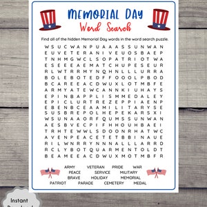 May include: A printable Memorial Day word search puzzle with a red, white, and blue American flag design. The puzzle features words related to Memorial Day, such as "veteran", "military", "parade", and "cemetery".