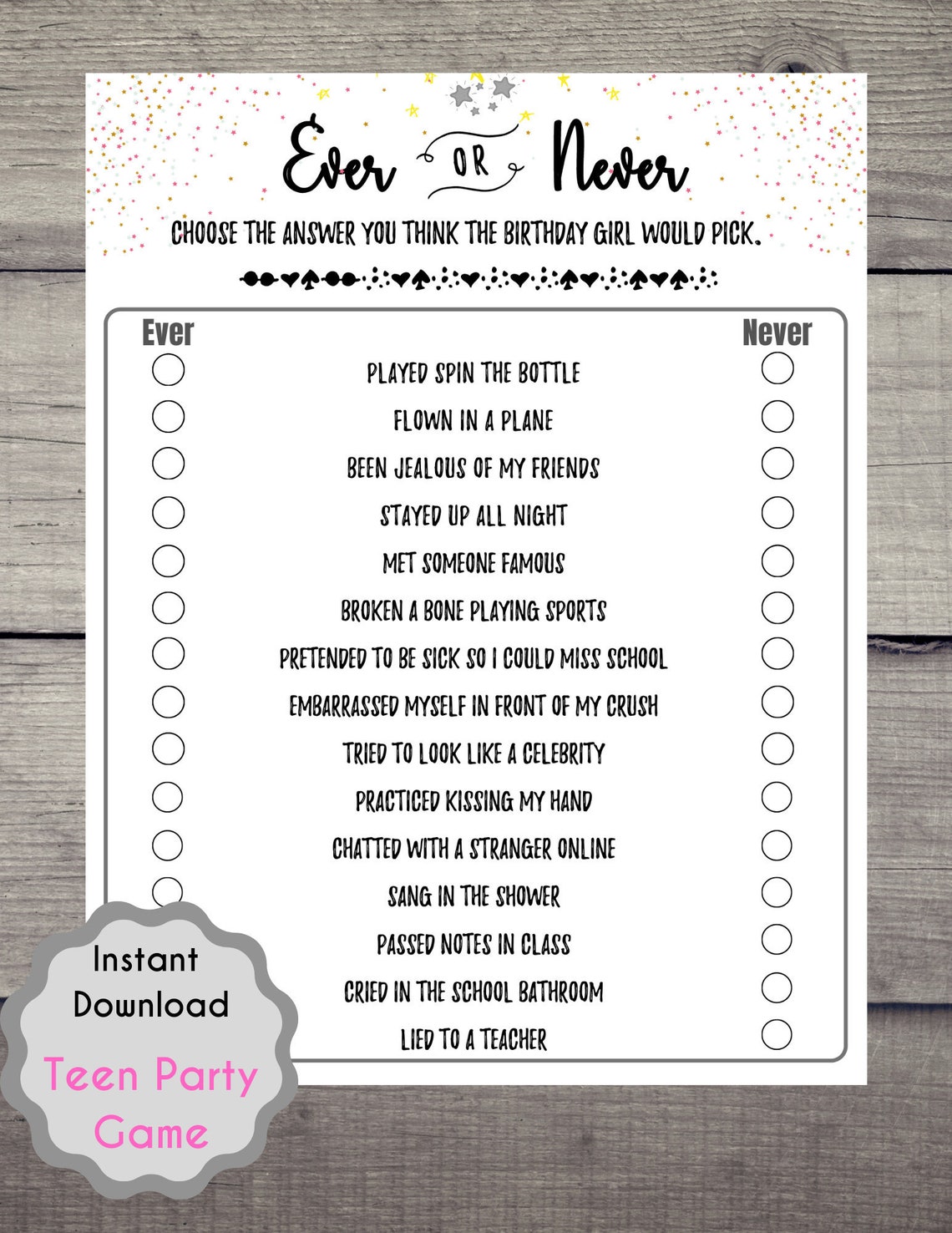 Fun Teen Girls Birthday Games Ever or Never Game Sleepover Party Games