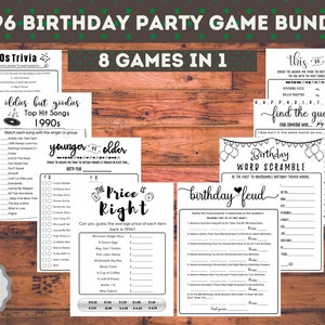 May include: A bundle of eight printable birthday party games with a 1990s theme. Games include trivia, word scrambles, and a "Price is Right" style game. The bundle includes the text "Answers Included Instant Download".