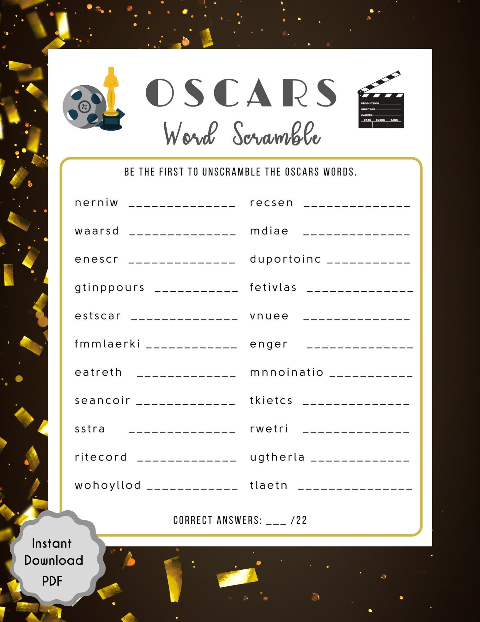 Oscars Word Scramble Game 93rd Academy Awards Printable Game | Etsy