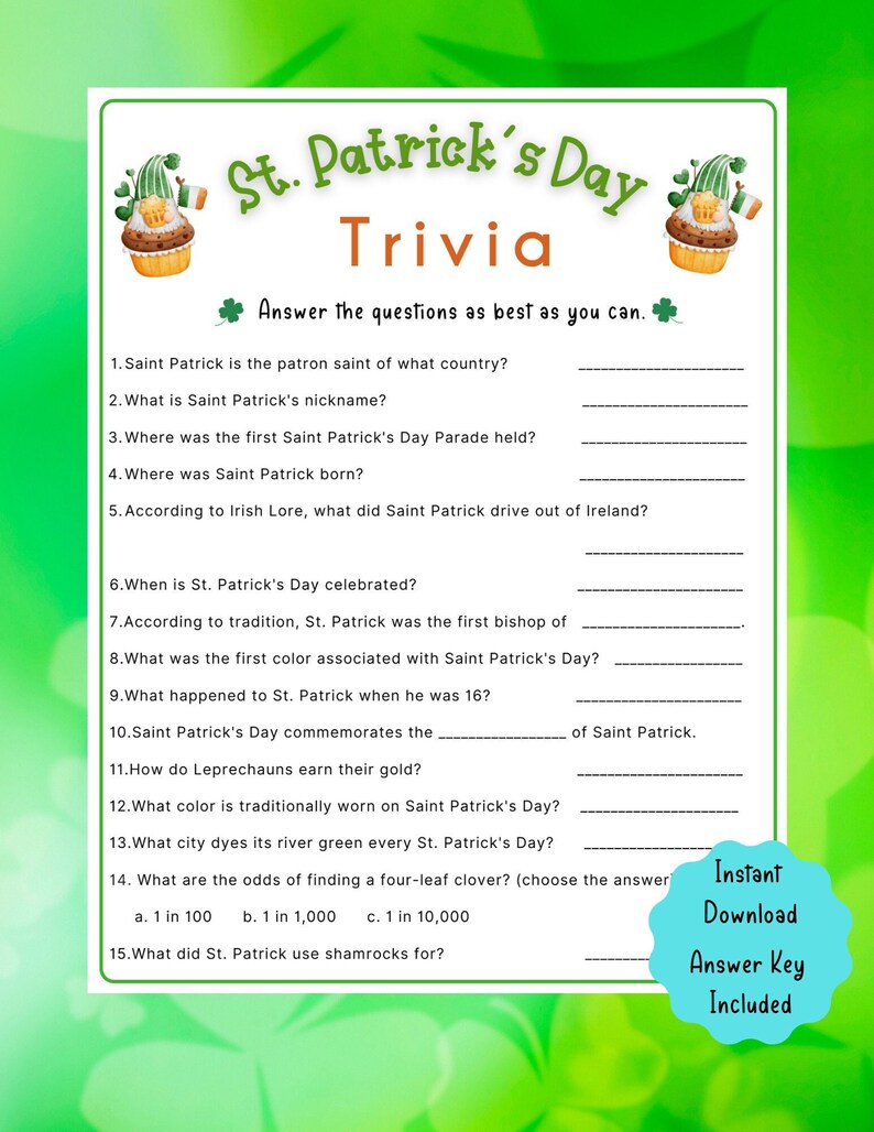 St. Patrick's Day Trivia Game St. Patrick's Day Game for Kids & Adults St. Patrick's Fun Party Game St. Patrick's Classroom Activity image 1