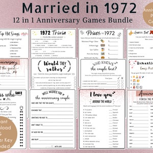 May include: A set of 12 printable anniversary party games with a pink and gold theme. The games include "70's Top Hit Songs", "1972 Trivia", "Prices in 1972", "Guess That 70's Slang", "Anniversary - Find the Guest", "Would They Rather", "Who Knows the Couple Best", "Romantic Movie Emoji Pictionary", "Guess Who Said It", "Well Wishes for the Anniversary Couple", "I Love You Around the World", and "Anniversary - Finish the Phrase".