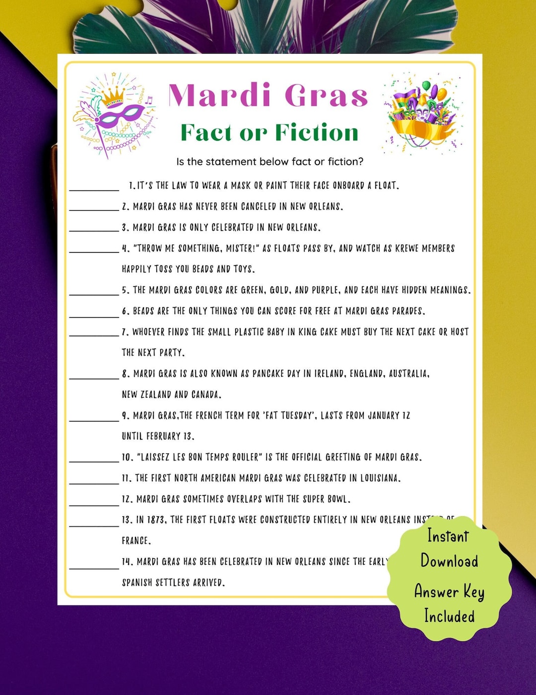 Mardi Gras Fact or Fiction Game  Mardi Gras Printable Game