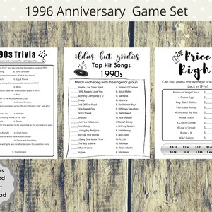 May include: A printable game set for a 1996 anniversary party. The game set includes three games: 1990s Trivia, Oldies But Goodies Top Hit Songs 1990s, and The Price is Right. The 1990s Trivia game has 10 multiple choice questions about the 1990s. The Oldies But Goodies Top Hit Songs 1990s game has a list of 1990s songs and players need to match the song to the singer or group. The Price is Right game has a list of items and players need to guess the average price of each item in 1996.