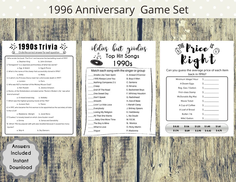 May include: A printable game set for a 1996 anniversary party. The game set includes three games: 1990s Trivia, Oldies But Goodies Top Hit Songs 1990s, and The Price is Right. The 1990s Trivia game has 10 multiple choice questions about the 1990s. The Oldies But Goodies Top Hit Songs 1990s game has a list of 1990s songs and players need to match the song to the singer or group. The Price is Right game has a list of items and players need to guess the average price of each item in 1996.