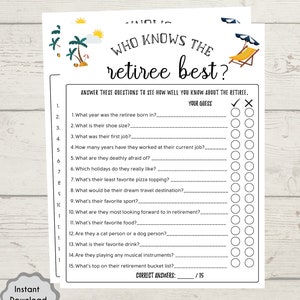May include: A printable game for a retirement party. The game is called "Who Knows the Retiree Best?" and has 15 questions about the retiree. Players answer the questions by circling "yes" or "no".
