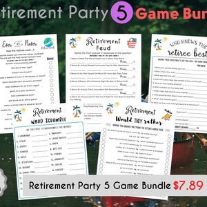 May include: A set of five retirement party games with a tropical theme. The games include "Ever or Never", "Retirement Feud", "Who Knows the Retiree Best?", "Retirement Word Scramble", and "Retirement Would They Rather". The games are printed on white paper with colourful illustrations and text. The games are available as a digital download for &pound;7.89.