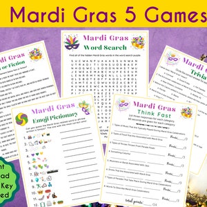 5 in 1 Mardi Gras Game Bundle Mardi Gras Printable Game for Kids & Adults Fun Mardi Gras Game Mardi Gras Trivia Game, Fat Tuesday image 1