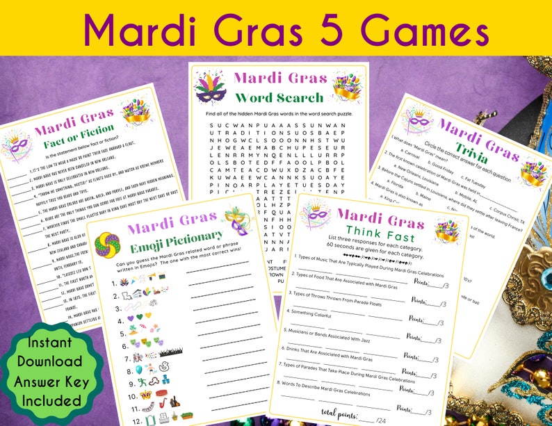 5 in 1 Mardi Gras Game Bundle Mardi Gras Printable Game for Kids & Adults Fun Mardi Gras Game Mardi Gras Trivia Game, Fat Tuesday image 1