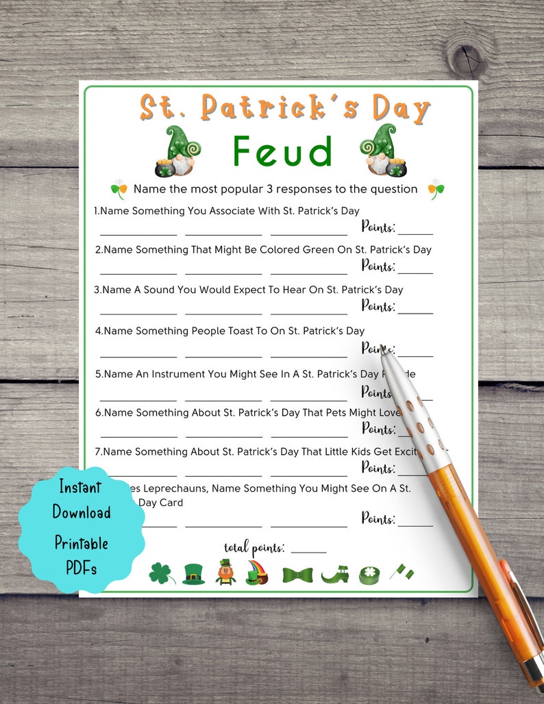 Fun St. Patrick's Day Feud Printable Game St. Patrick's Day Game for Kids & Adult St. Paddy's Party Game St. Patty's Classroom Game image 2