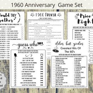 1960 年に結婚 65 周年記念の印刷可能なゲーム バンドル 1960 年記念カップル 65 周年ミニマリスト ウェディング パーティー ゲーム 彼と彼女の 1960 年クイズ