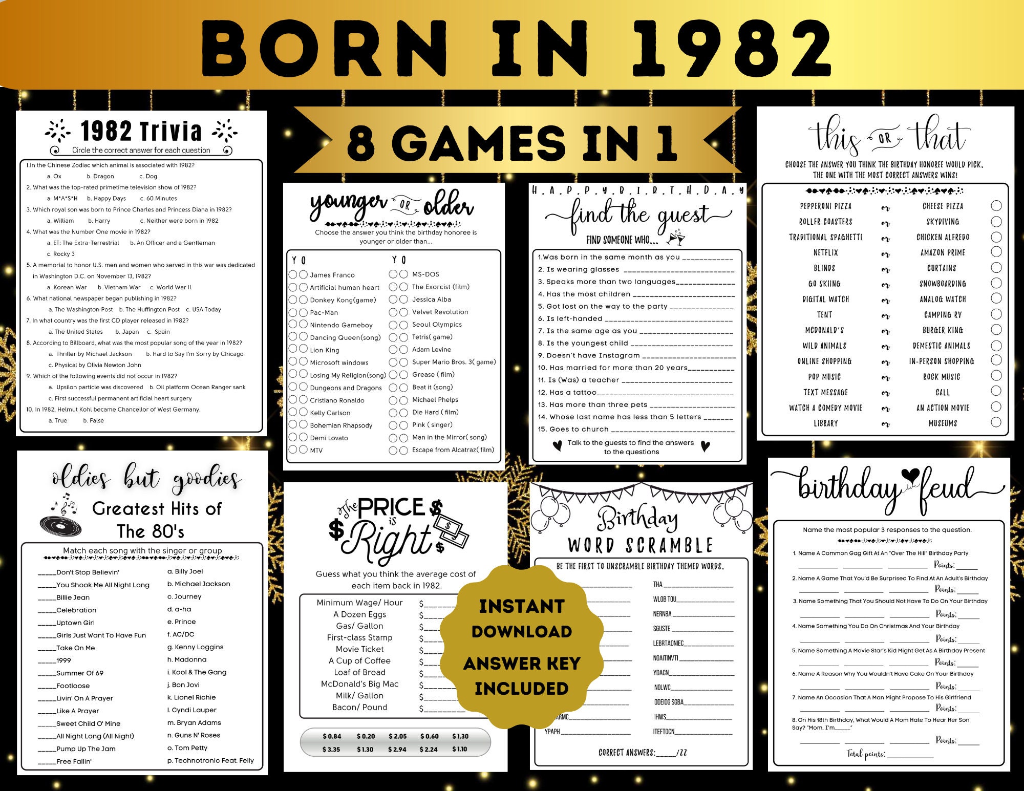 Born in 1982 Birthday Printable Game L 8 in 1 Birthday Game - Etsy