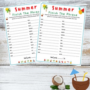 Puede incluir: Dos tarjetas de juego imprimibles con tem&aacute;tica de verano con el texto "Summer Finish The Phrase". Cada tarjeta tiene una lista de palabras y frases relacionadas con el verano con espacios en blanco para que los jugadores los rellenen.