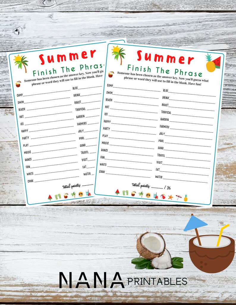 Puede incluir: Dos tarjetas de juego imprimibles con tem&aacute;tica de verano con el texto "Summer Finish The Phrase". Cada tarjeta tiene una lista de palabras y frases relacionadas con el verano con espacios en blanco para que los jugadores los rellenen.