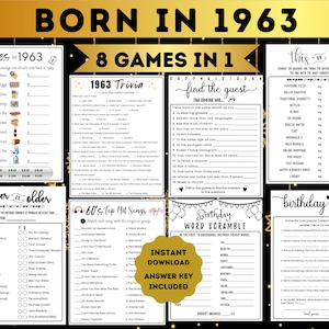 Born in 1963 Birthday Games Bundle 62nd Birthday Party games 1963 Trivia Fun Printable DIGITAL Minimalist Party Game for Her Him Men Woman
