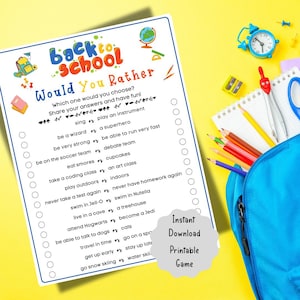 以下が含まれることがあります： カラフルなテキストと質問が書かれた、印刷可能な「Back to School Would You Rather」ゲーム。ゲームは青い縁取りのある白い紙にあり、鉛筆、時計、バックパックなどの学用品が含まれています。