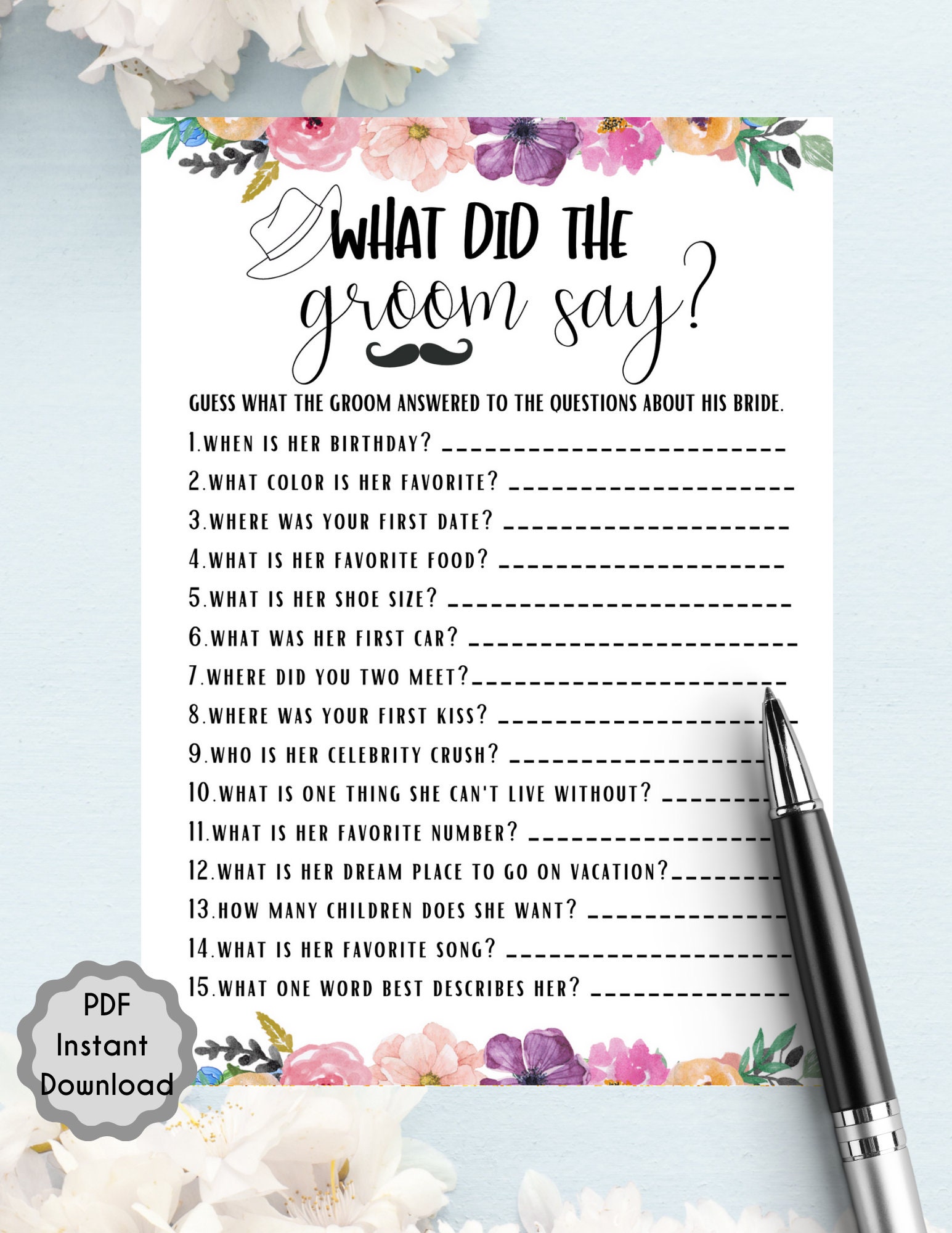 What Did the Groom Say Bridal Shower Game L Floral Bridal Shower L ...
