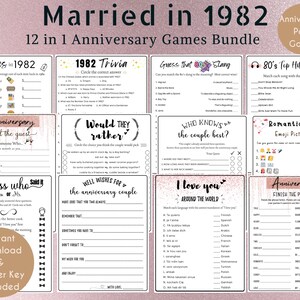 Married in 1982 43rd Anniversary Printable Games Bundle 1982 Anniversary Couple 43rd Minimalist Wedding Party Games Married in 1982 Quiz