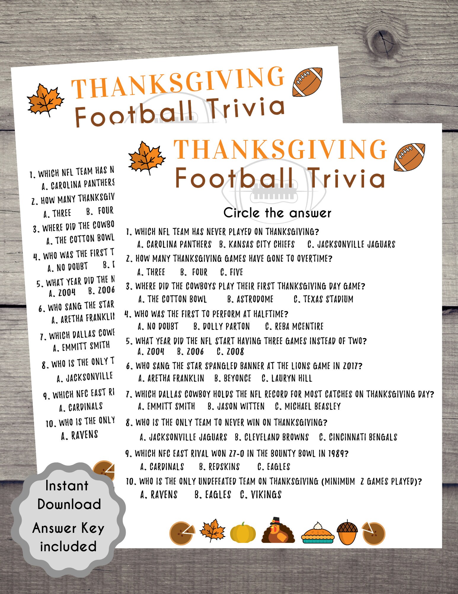 Thanksgiving Football Trivia Game Thanksgiving Turkey PDF ...