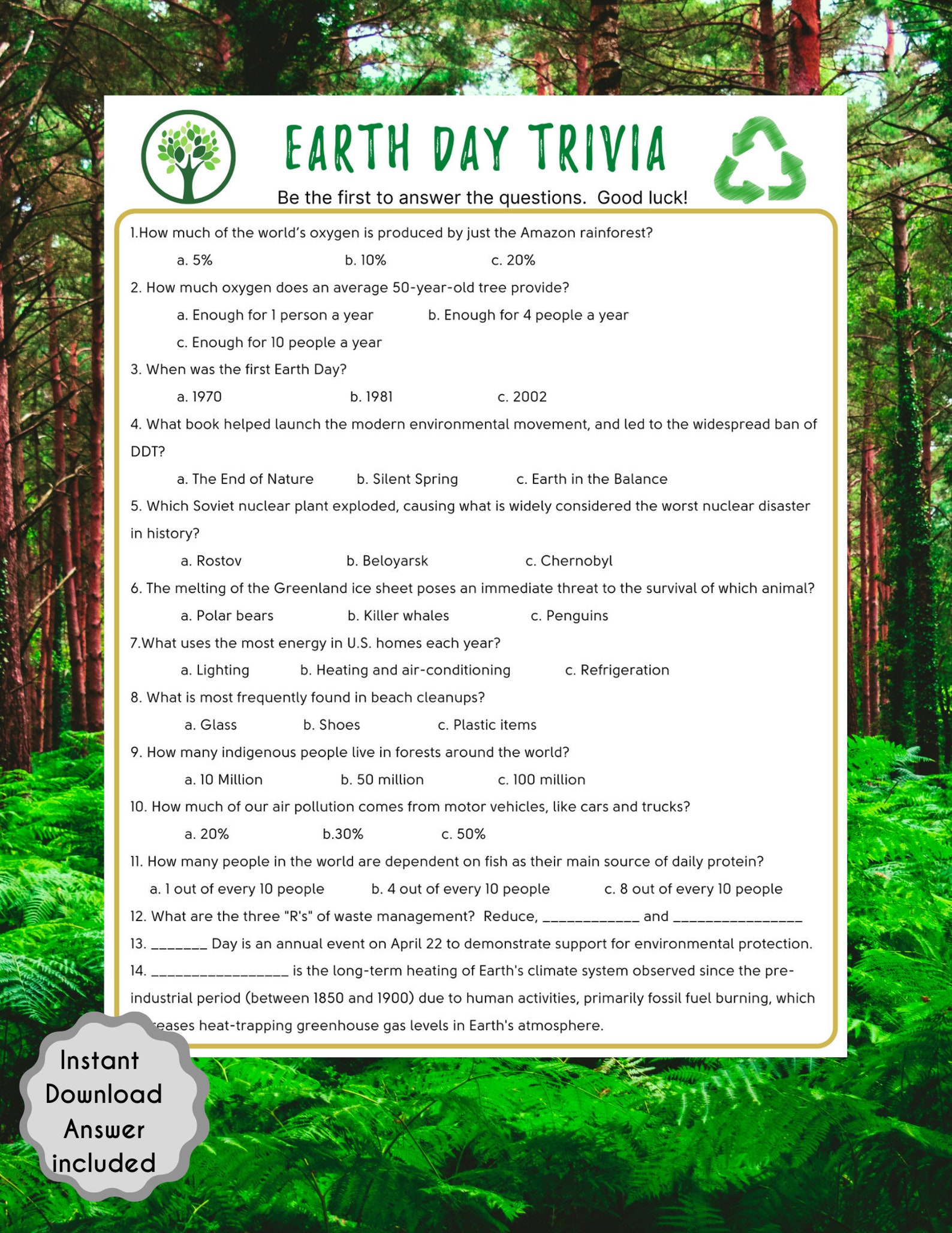 Earth Day Trivia Game Earth Day Game for Kids & Adults Fun Etsy