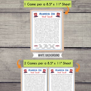 May include: Two printable Memorial Day word search puzzles. The first puzzle is designed for one game per 8.5 x 11 inch sheet of paper. The second puzzle is designed for two games per 8.5 x 11 inch sheet of paper. Both puzzles feature a red, white, and blue color scheme and include words related to Memorial Day, such as "veteran", "peace", "service", and "military".