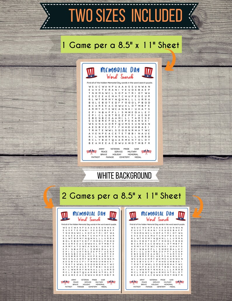 May include: Two printable Memorial Day word search puzzles. The first puzzle is designed for one game per 8.5 x 11 inch sheet of paper. The second puzzle is designed for two games per 8.5 x 11 inch sheet of paper. Both puzzles feature a red, white, and blue color scheme and include words related to Memorial Day, such as "veteran", "peace", "service", and "military".