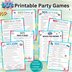 90s Theme Party Games, 90s Party Games Printable, 90s Music Movie Trivia, 90s Trivia, 1990s Event Game, Nineties Party, Retro 90s Party Game
