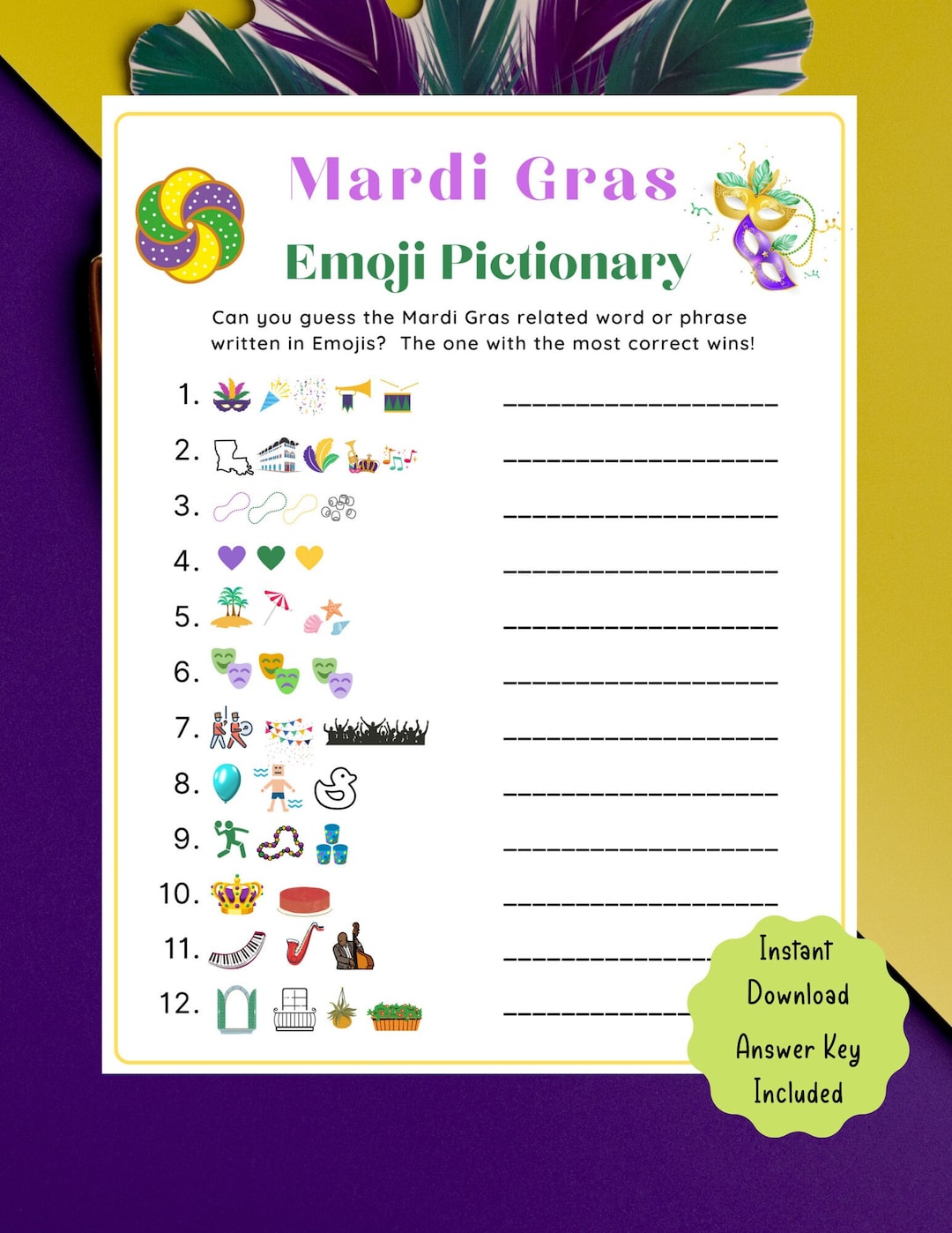 Mardi Gras Emoji Pictionary Game  Mardi Gras Printable Game