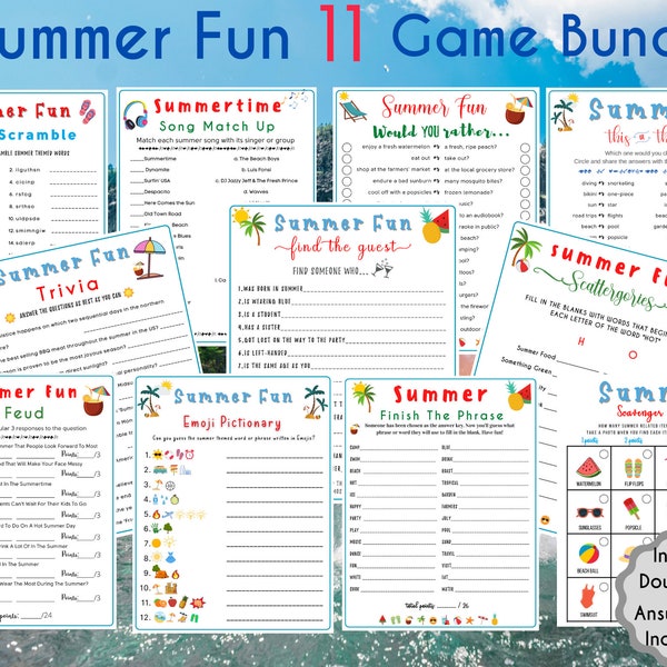 11 in 1 Summer Fun Game Bundle | Summertime Game | Summer Party Game | Printable Games | Summer Game| Zoom Party | Icebreaker l BBQ Game