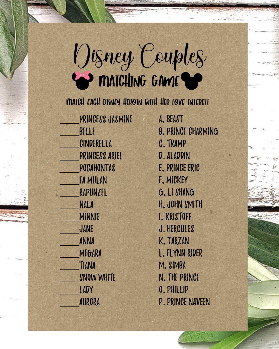 Disney Couples Matching Bridal Shower Game Printable PDF | Etsy