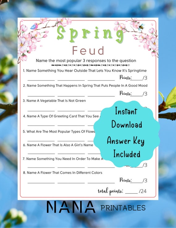 Spring Feud Printable Game Fun Spring Family Feud Party Etsy