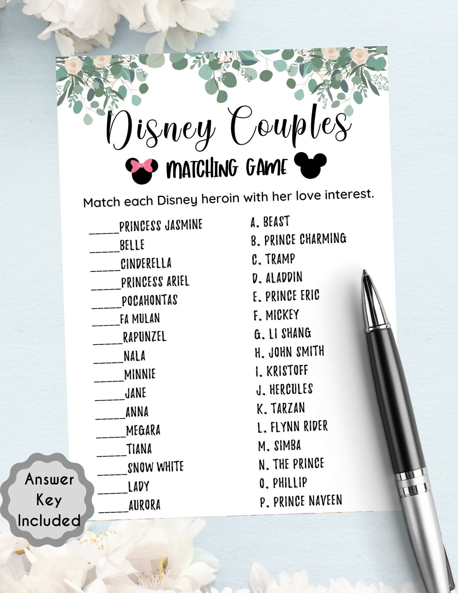 Disney Couples Matching Game l Newlywed Party l Greenery | Etsy